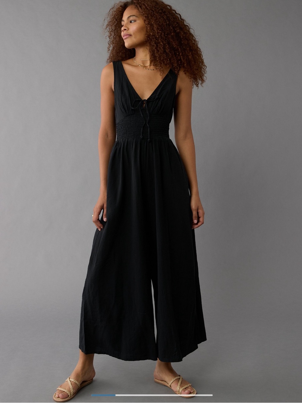American Eagle Outfitters Black Smocked-Waist Wide-Leg Jumpsuit